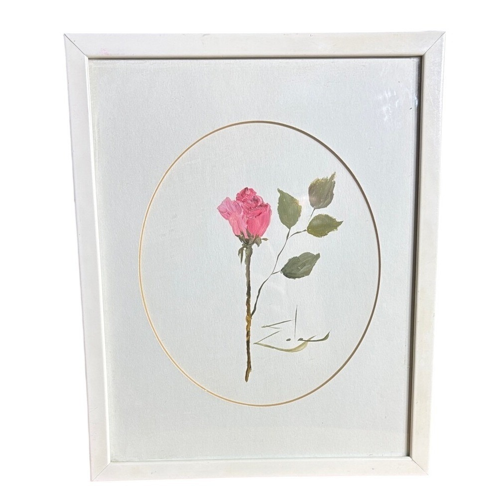 Vintage Eda Varricchio Original Painting "Single Pink Rose" Framed Signed 10.75"